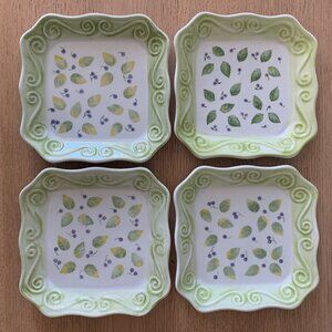 VTG Green Floral Leaf Purple Blue Berries Square Dish Plates lot 4 6 1/2" Square